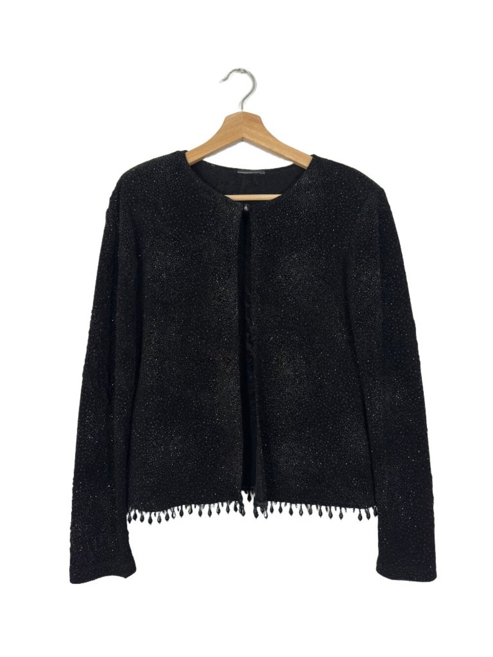 Women's Beaded Fringe Evening Jacket Size M Black Sparkle Cocktail Formal Classy